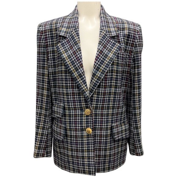 HERMES VINTAGE NAVY / GREY MULTI HOUNDSTOOTH WOOL BLAZER - Picture 1 of 5